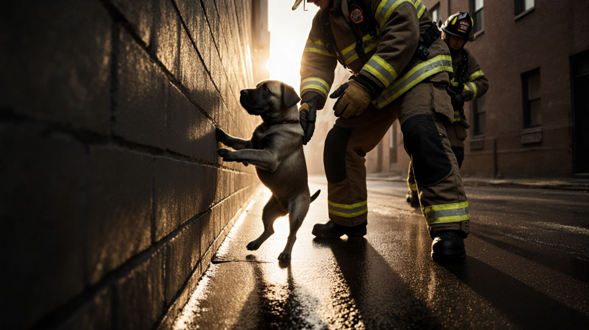 Firefighter lifting puppy with gloved hand and soft golden light on wet pavement between walls