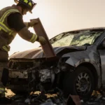 Firefighter lifting beam off crushed car with debris and golden morning light