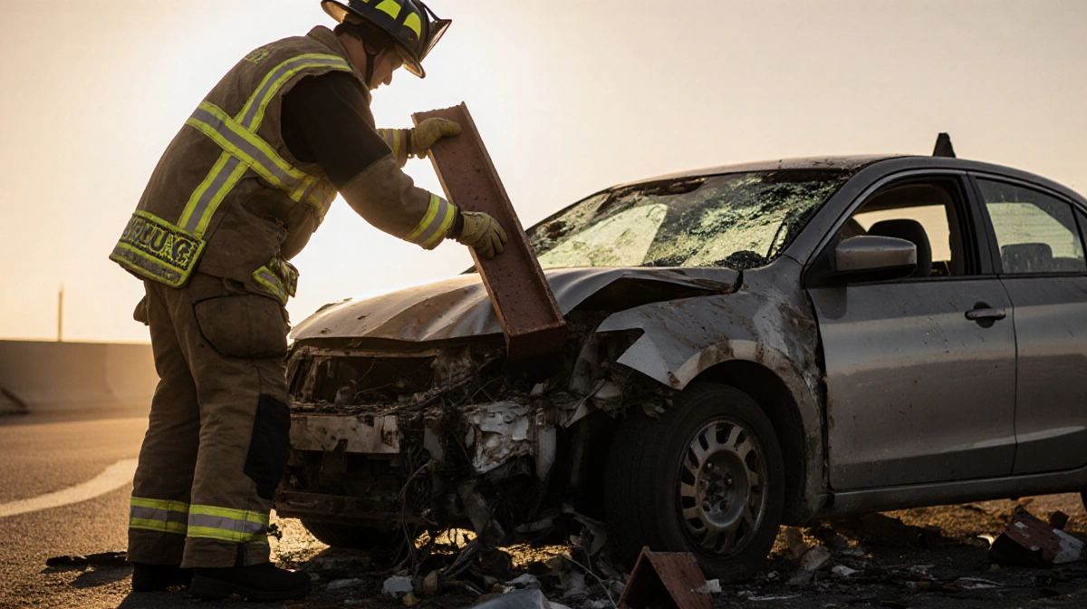 Firefighter lifting beam off crushed car with debris and golden morning light
