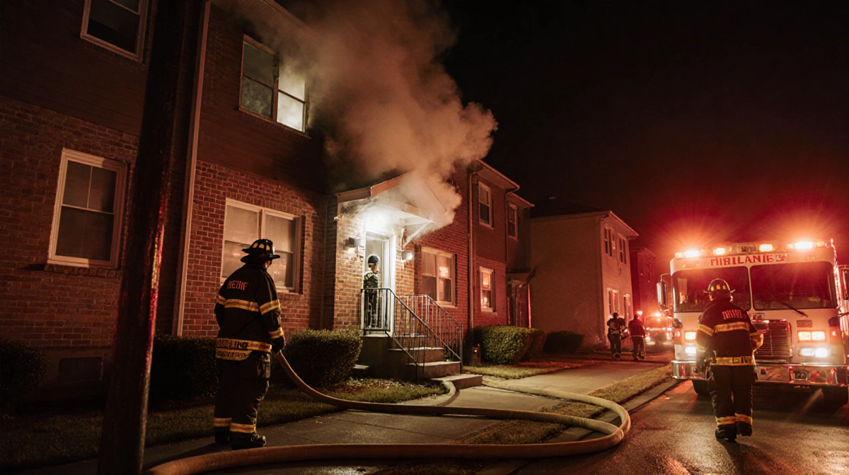 Firefighters in full gear rescue toddler from burning house with smoke billowing and emergency lights illuminating the scene