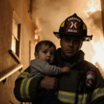 Firefighter carrying scared toddler down stairs with flames and smoke visible through windows showing rescue emergency