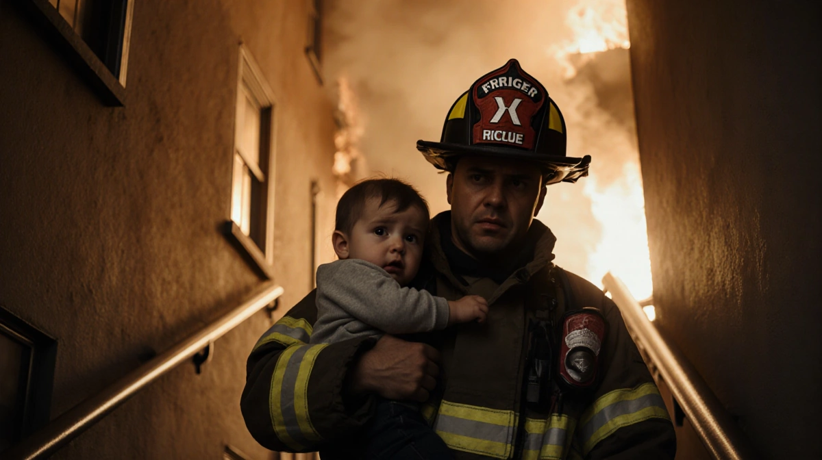 Firefighter carrying scared toddler down stairs with flames and smoke visible through windows showing rescue emergency