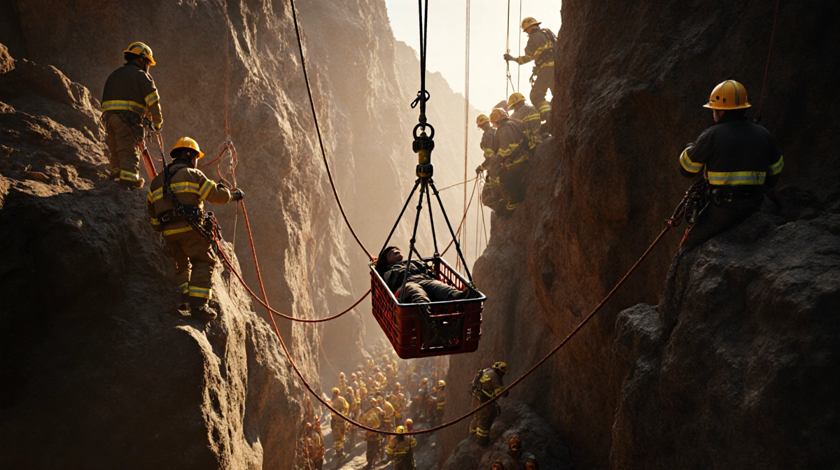 Firefighters rescue injured man in basket from quarry with rope systems and crew working above
