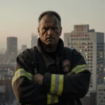 Weathered firefighter stands with crossed arms and clenched fists facing San Francisco skyline with hospital building visible