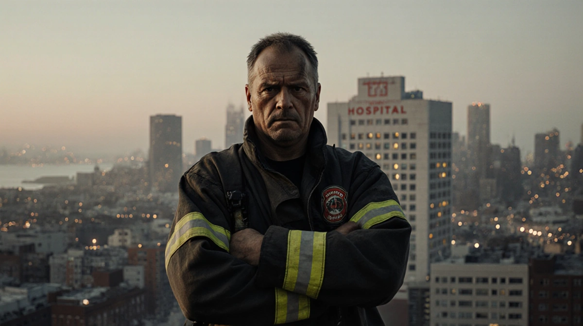 Weathered firefighter stands with crossed arms and clenched fists facing San Francisco skyline with hospital building visible