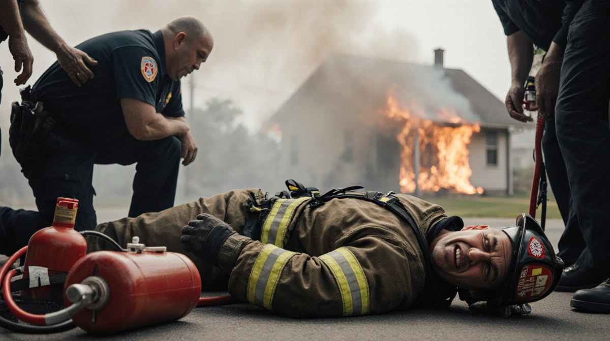 Firefighter lying on ground with medical staff around him and smoke haze from nearby fire.