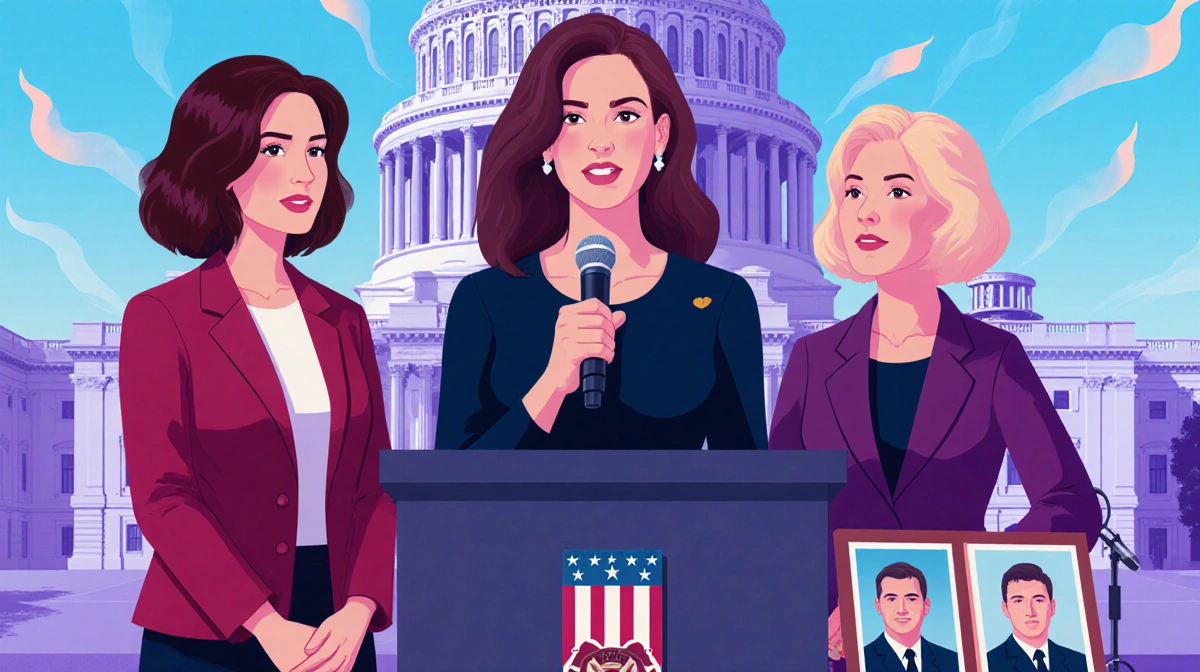 Three widows stand united at Capitol podium with mementos of their firefighter husbands and purple gradient background