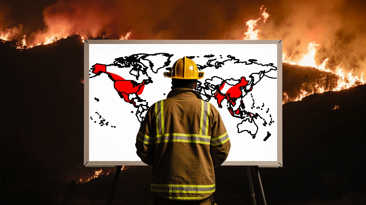 Firefighter reviews wildfire map with red problem areas and smoldering flames behind