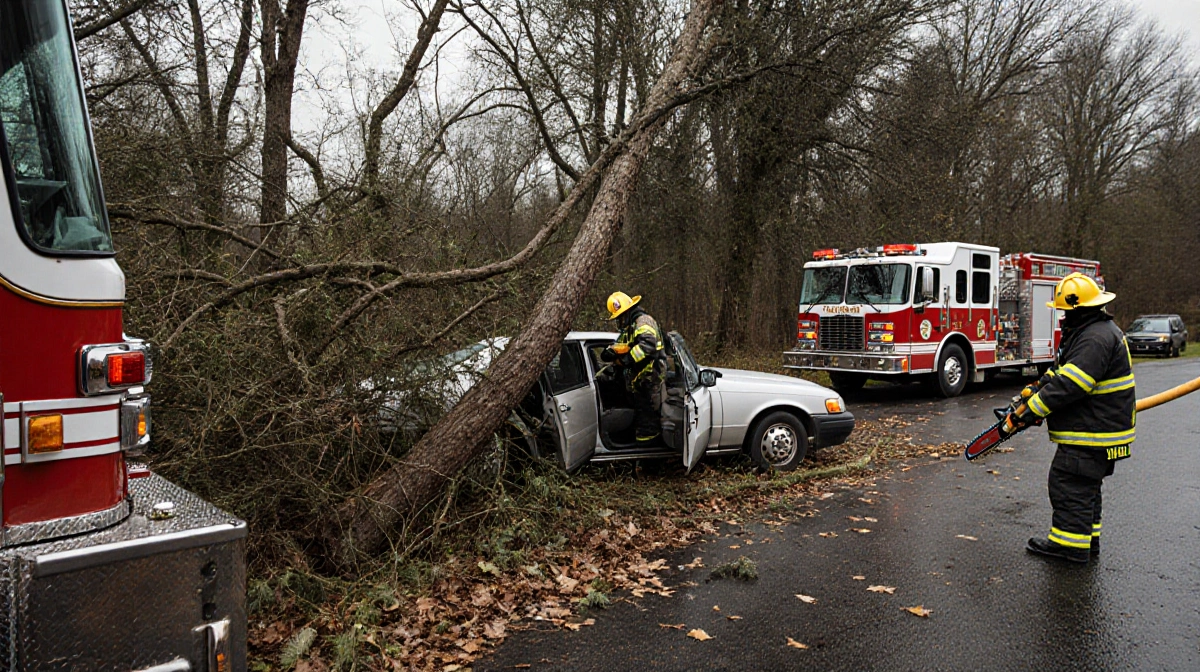 Firefighters clearing fallen branches with chainsaws near fire trucks and open car door