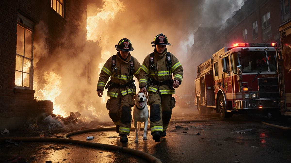 Two firefighters carry a calm dog to safety from burning building with smoke and flames behind