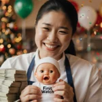 First Watch employee holding baby doll with tears and shaking hands surrounded by money and holiday decorations