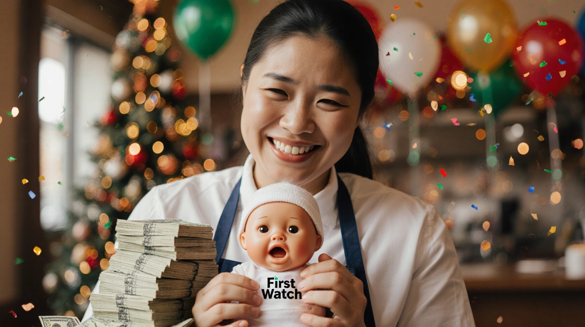 First Watch employee holding baby doll with tears and shaking hands surrounded by money and holiday decorations