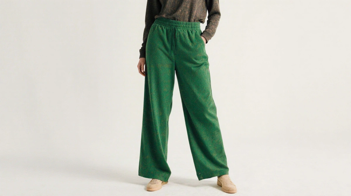 Wide-leg track pants stand upright with one leg rolled up showing fabric texture against winter white background