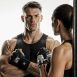 Fitness individual standing proudly with arms crossed and dumbbells in hand reflected in mirror near gym backdrop