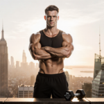 Fit person standing with arms crossed and dumbbells nearby with warm dawn lighting showing confidence and strength