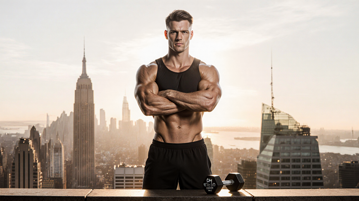 Fit person standing with arms crossed and dumbbells nearby with warm dawn lighting showing confidence and strength