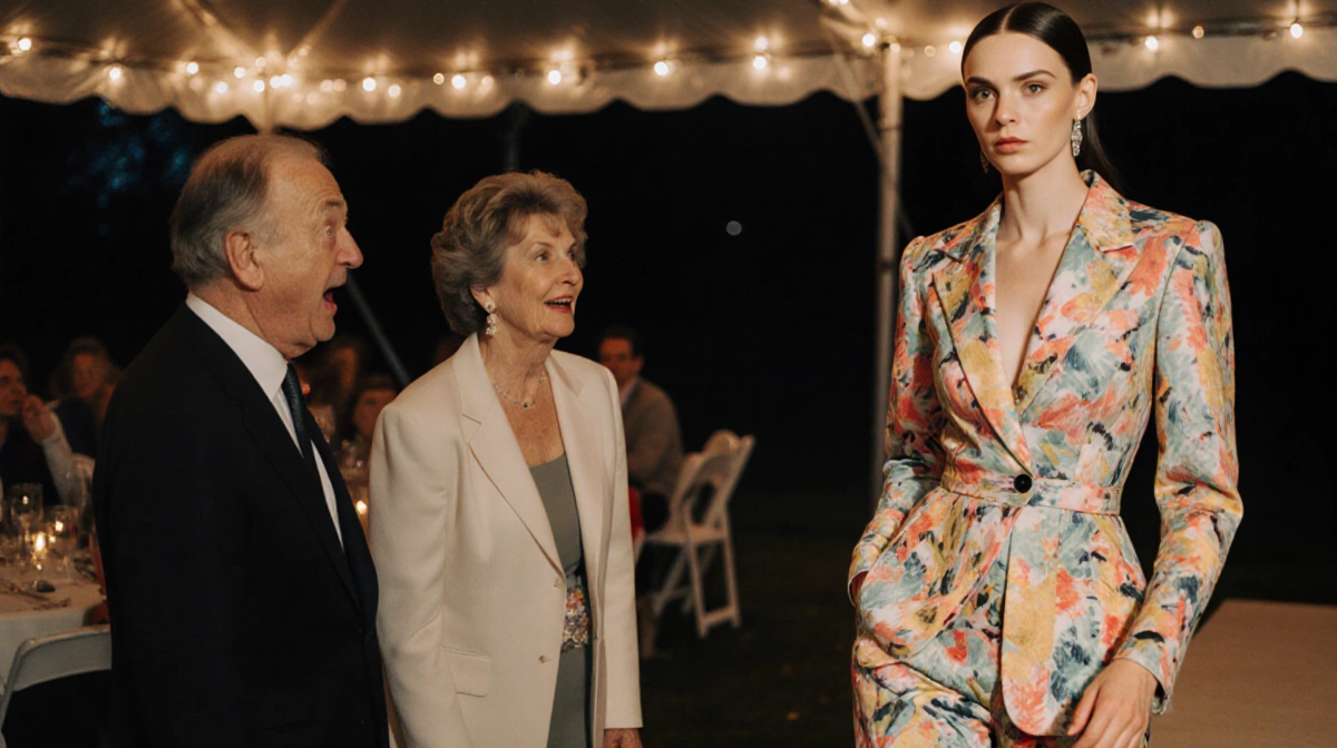 Designer gasps with wide eyes as aunt walks forward wearing vibrant 1993 runway design with intricate details