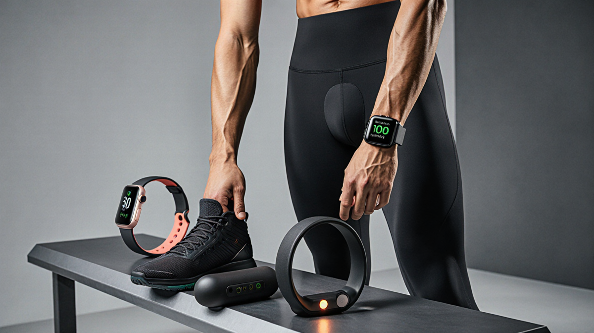 Fitness enthusiast stands with Apple Watch and Hyperice Normatec Go boot and surrounded by high‑tech workout gear.