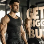 Fitness enthusiast poses with barbell and weights showing toned arms and the motivational quote Get a Bigger Butt