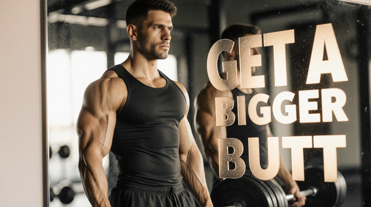 Fitness enthusiast poses with barbell and weights showing toned arms and the motivational quote Get a Bigger Butt