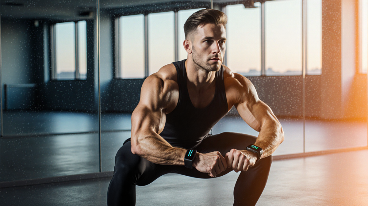 Fitness enthusiast squatting with smart wearables and wrist tracker against energetic studio mirrors.
