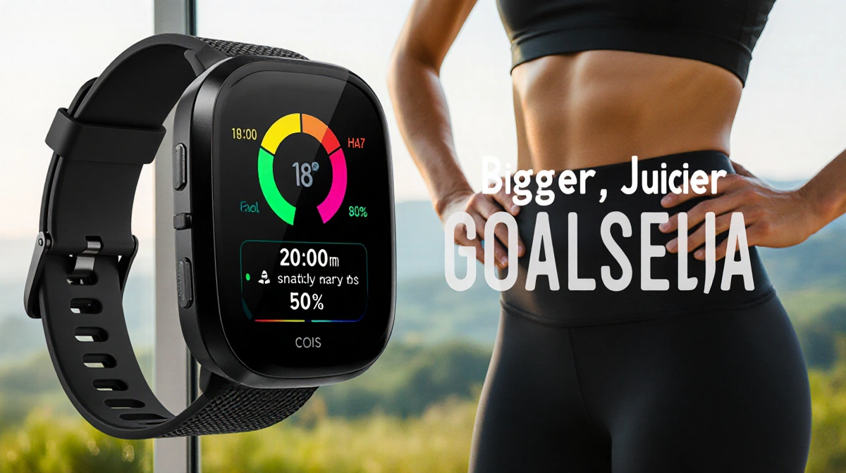 Person wearing fitness tracker at waist with progress chart showing calorie burn and bold text reading Bigger Juicier Goals