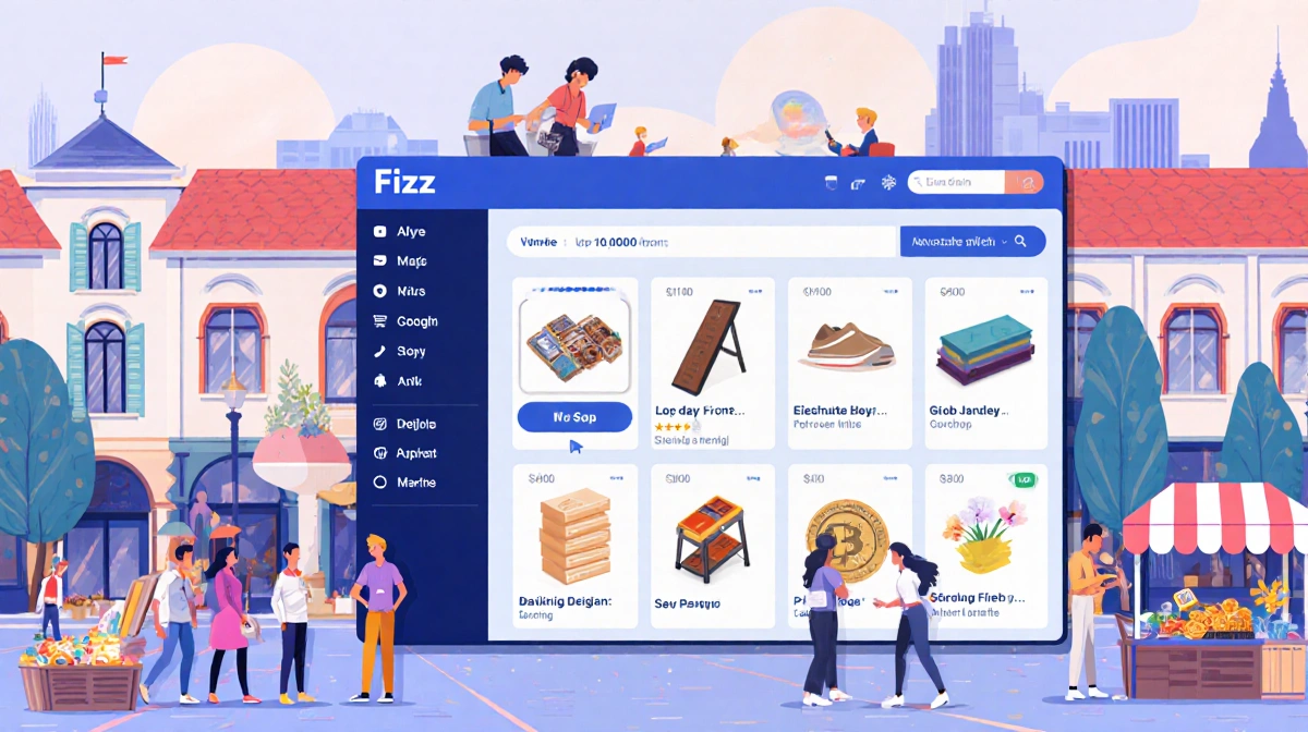 Users trading items with video split-screen in a bustling campus marketplace highlighting global peer-to-peer commerce