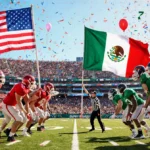 Two flag football teams compete at Super Bowl event with USA and Mexico flags showing international rivalry