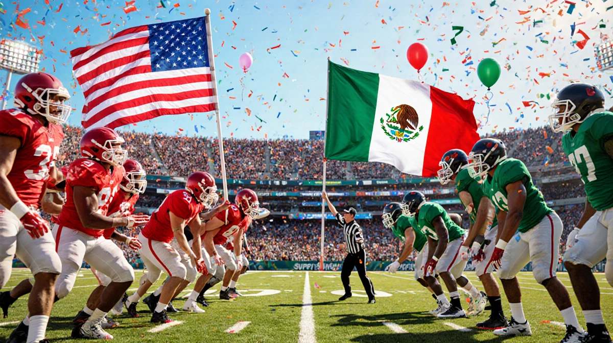 Two flag football teams compete at Super Bowl event with USA and Mexico flags showing international rivalry