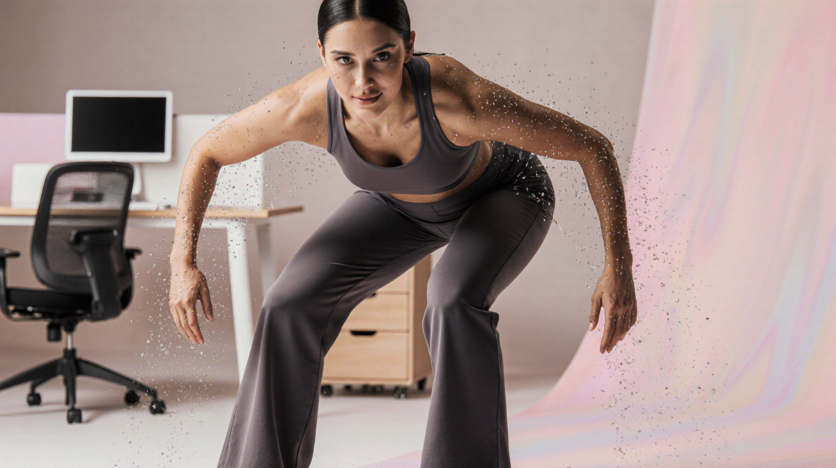 Person squatting in flare yoga pants with pastel background and office setting showing breathability and confidence