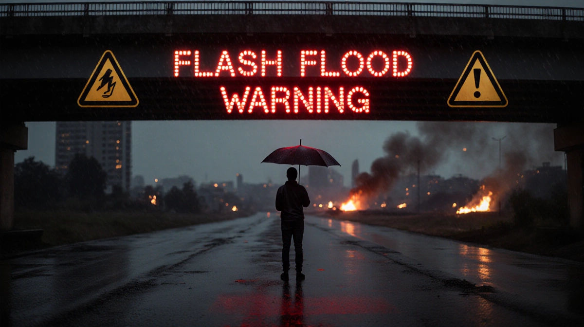 Person holding an umbrella looking up with flashing warning sign and flash flood warnings on pavement