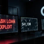 Dark trading floor shows computer screens with flash loan exploit alert and Curve Pool logo behind shattered glass
