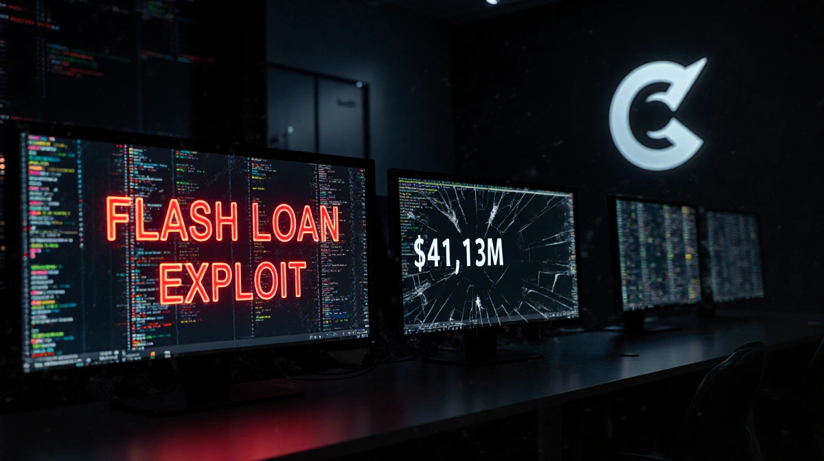 Dark trading floor shows computer screens with flash loan exploit alert and Curve Pool logo behind shattered glass