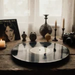 Faded Fleetwood Mac Landslide vinyl rests on worn wood table with Stevie Nicks reflection and flickering candles nearby