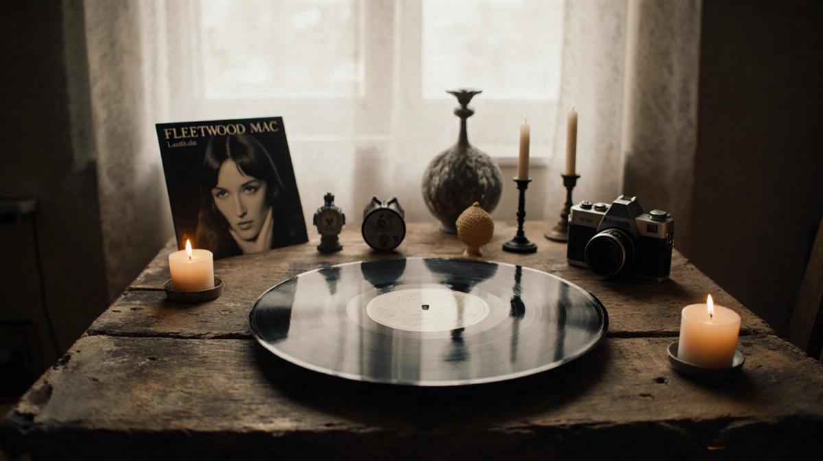 Faded Fleetwood Mac Landslide vinyl rests on worn wood table with Stevie Nicks reflection and flickering candles nearby