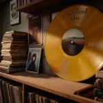 Vintage Fleetwood Mac vinyl record sits on shelf with warm sunset glow and retro music memorabilia on walls