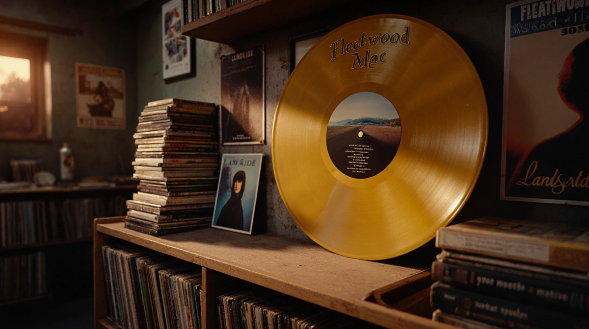 Vintage Fleetwood Mac vinyl record sits on shelf with warm sunset glow and retro music memorabilia on walls