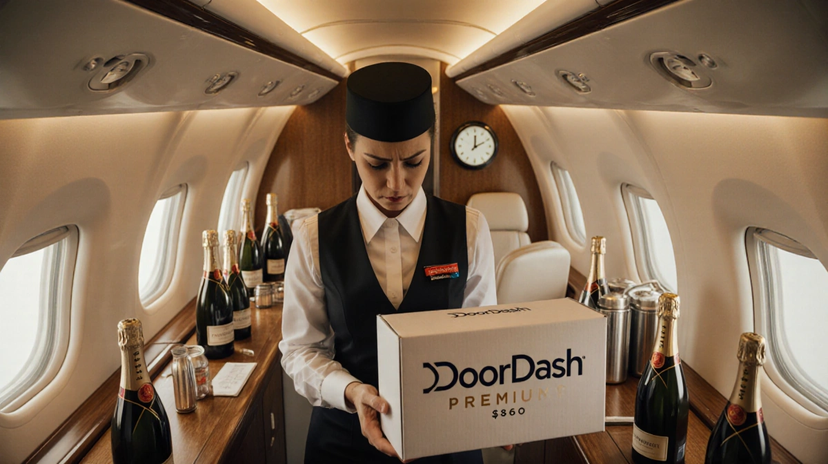 Flight attendant holding DoorDash package with champagne bottles and clock showing midnight in luxury aircraft cabin
