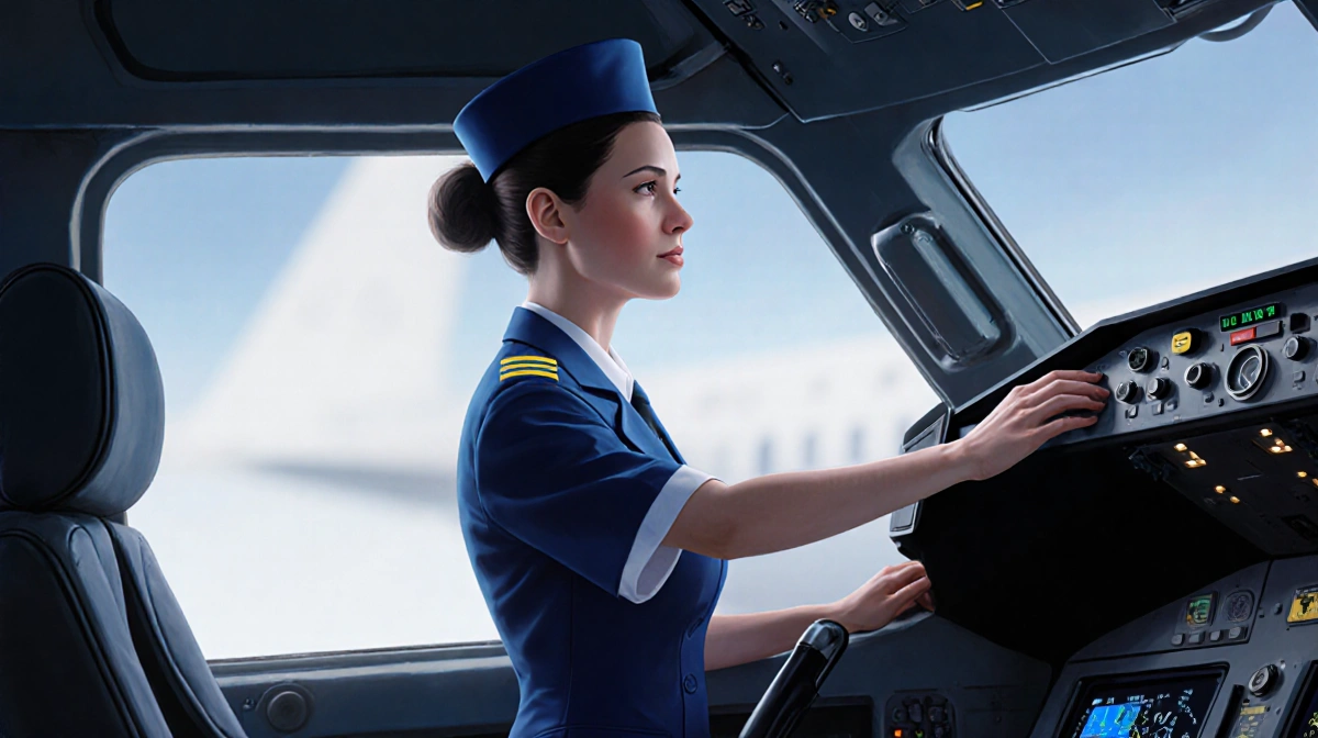 Flight attendant in pilot uniform accessing jump seat panel with hand on aircraft cockpit window and dim lighting