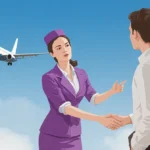 Flight attendant standing near aircraft cabin with safety vest and professional uniform