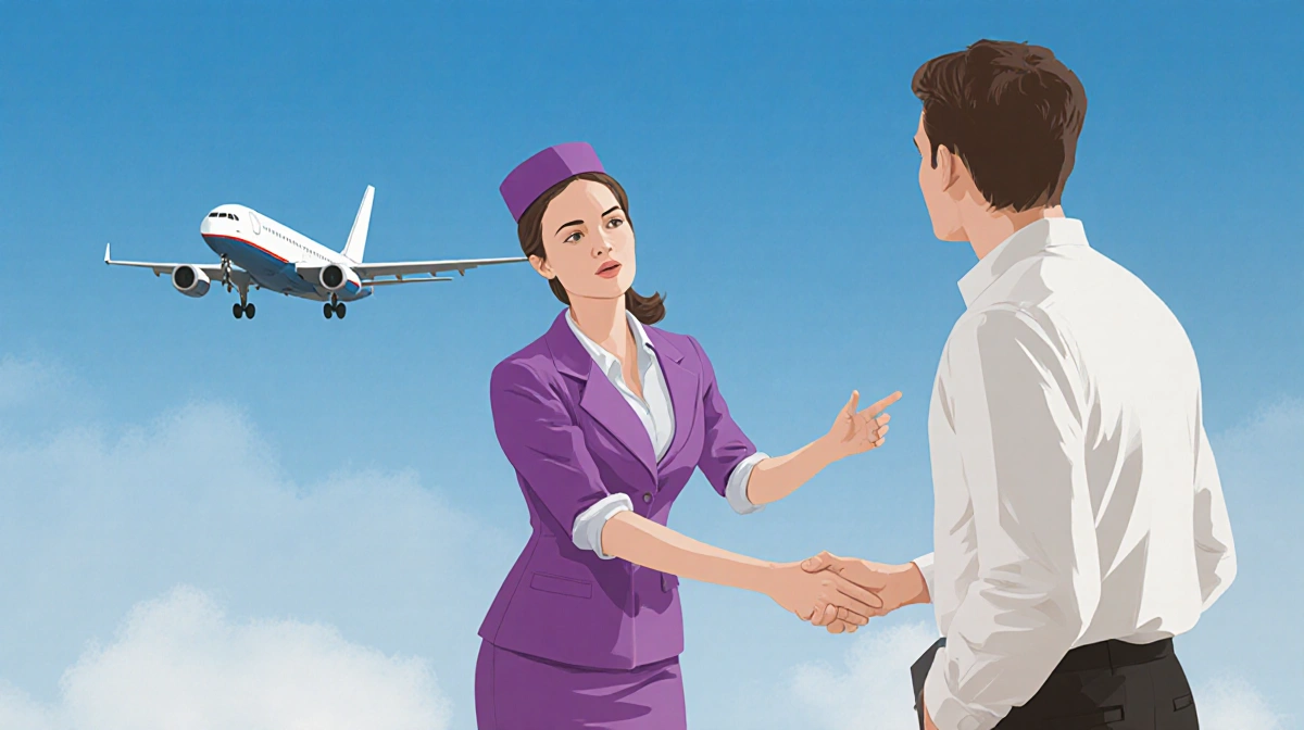 Flight attendant standing near aircraft cabin with safety vest and professional uniform