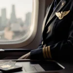 Worn flight attendant jacket drapes over airplane seat with pilot wings glinting on lapel and city lights blurred through win