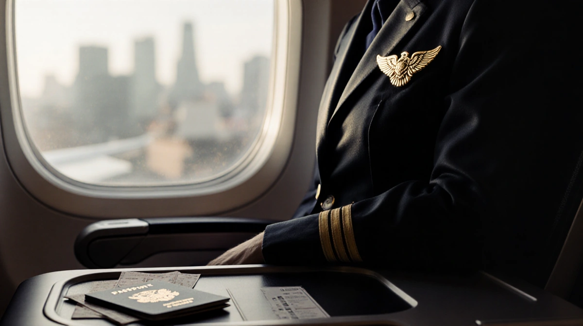 Worn flight attendant jacket drapes over airplane seat with pilot wings glinting on lapel and city lights blurred through win