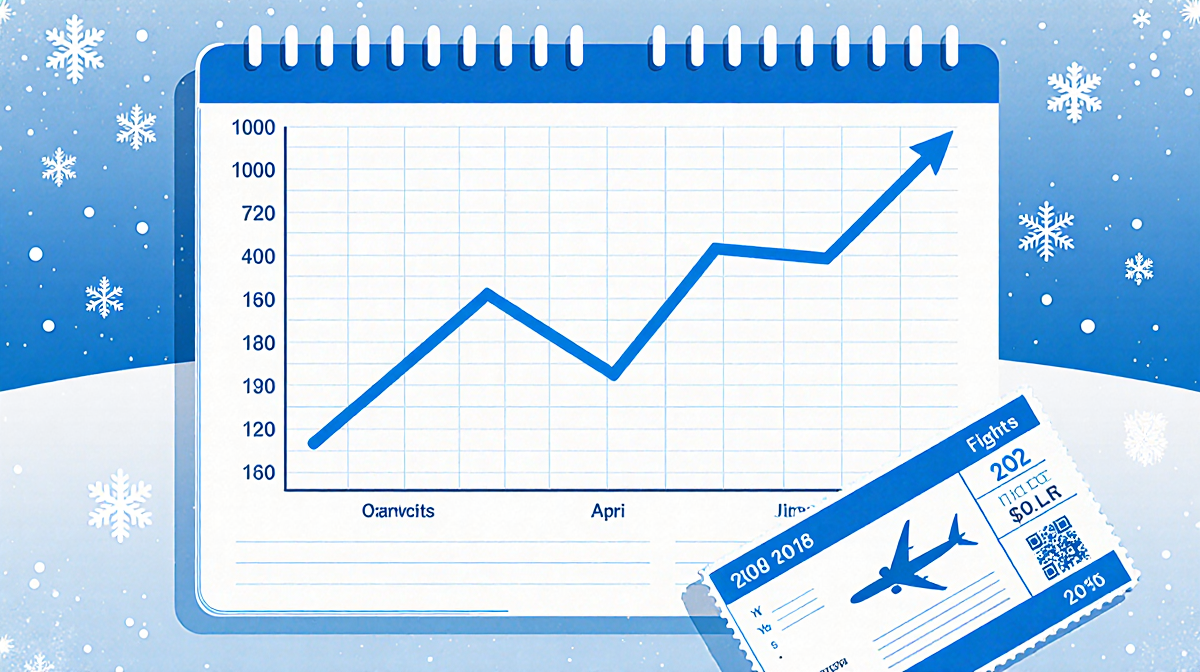 Calendar spread showing flight price graph with rising peaks and falling troughs with plane tickets at bottom right
