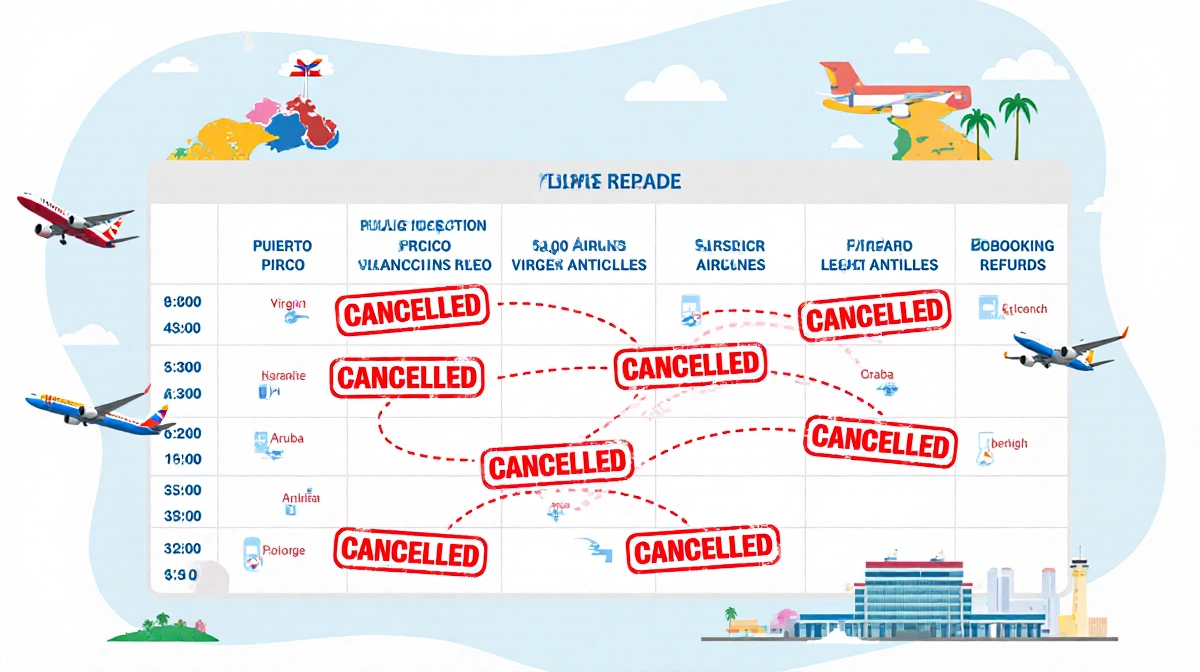Flight schedule table shows Caribbean routes with red CANCELLED stamps and colorful planes over a subtle map