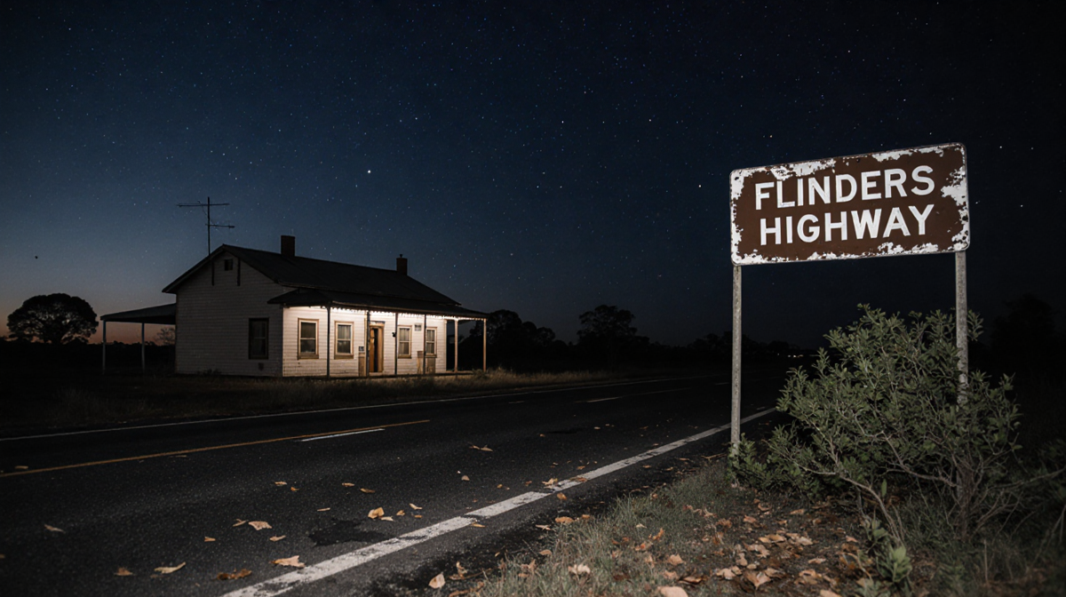 Road winds toward dim roadhouse with faded sign and peeling paint.
