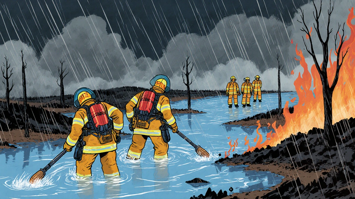 Firefighters standing ready for flood rescue with charred vegetation and stormy clouds.