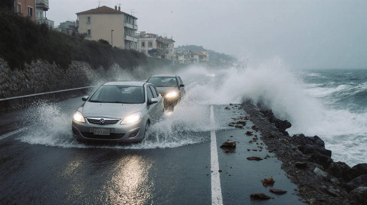 Two cars driving through flooded coastal road in Calabria with headlights shining through storm waves and debris