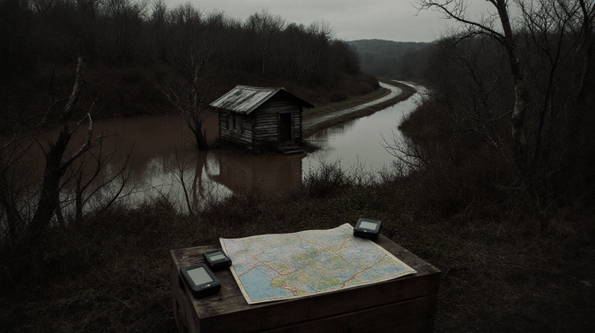 Abandoned GPS device lies on wooden crate with flooded dirt road and weathered cabin showing isolation