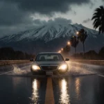 Partially submerged car glistening on rain-soaked highway with streetlights and snow‑capped peaks